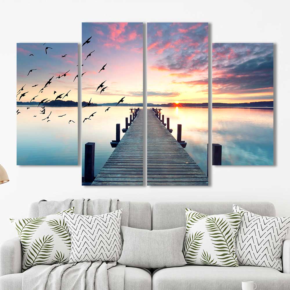 Tranquil Horizon Sunset Pier Collection - Framed Canvas Home Decor Wall Art Multiple Choices 1 3 4 5 Panels