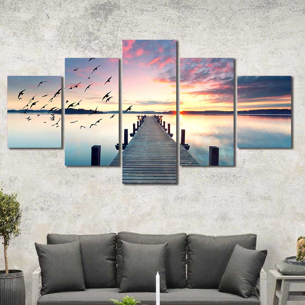 Tranquil Horizon Sunset Pier Collection - Framed Canvas Home Decor Wall Art Multiple Choices 1 3 4 5 Panels