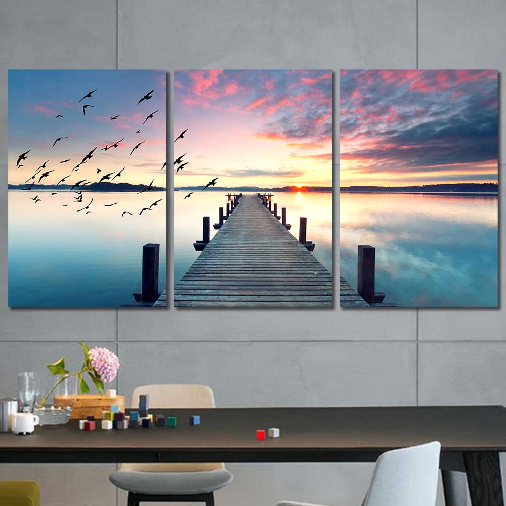 Tranquil Horizon Sunset Pier Collection - Framed Canvas Home Decor Wall Art Multiple Choices 1 3 4 5 Panels