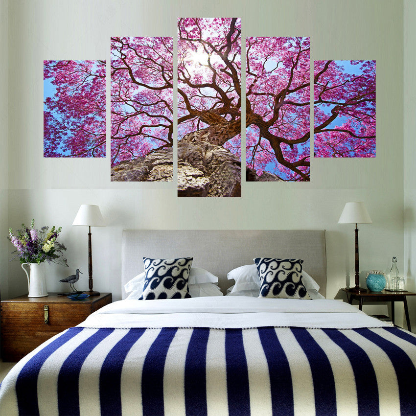 Large Tree Pink Leaves Sun Five Piece Canvas