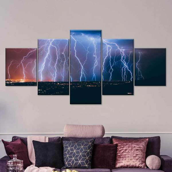 Lightning Strike Landscape Five Piece Canvas Wall Art Home Decor Multi Panel 5