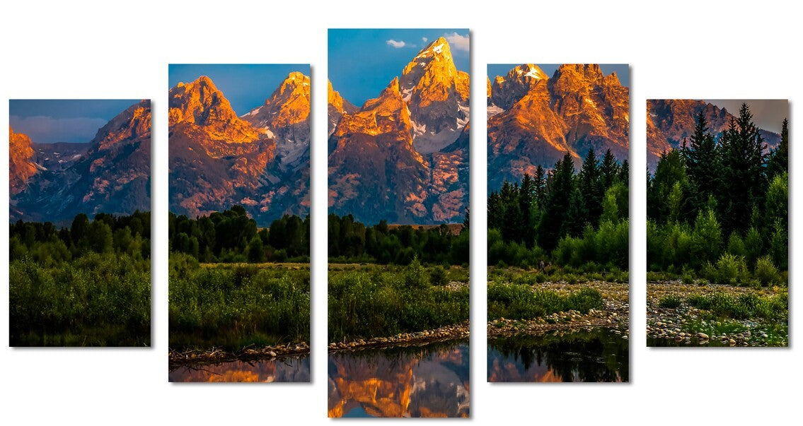 Golden Peaks Reflection Collection - Framed Canvas Home Decor Wall Art Multiple Choices 1 3 and 5 Panels