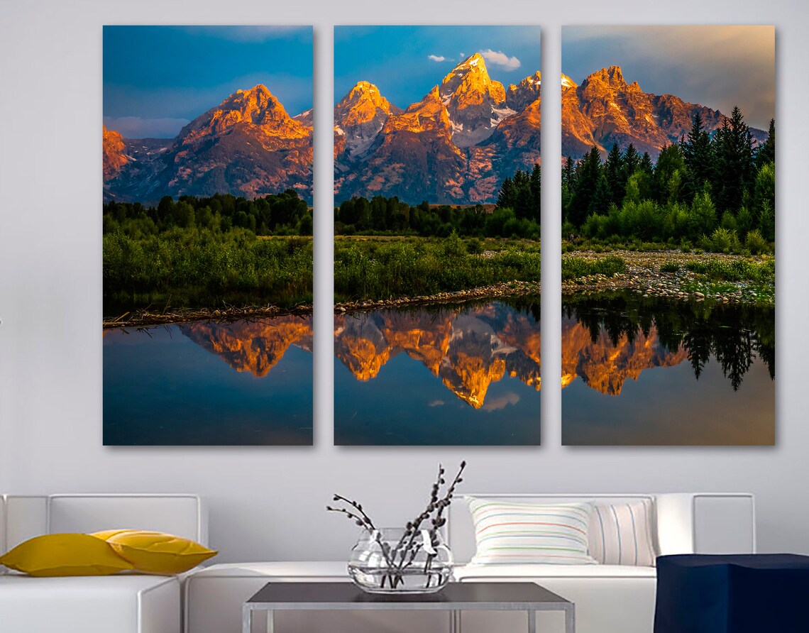 Golden Peaks Reflection Collection - Framed Canvas Home Decor Wall Art Multiple Choices 1 3 and 5 Panels