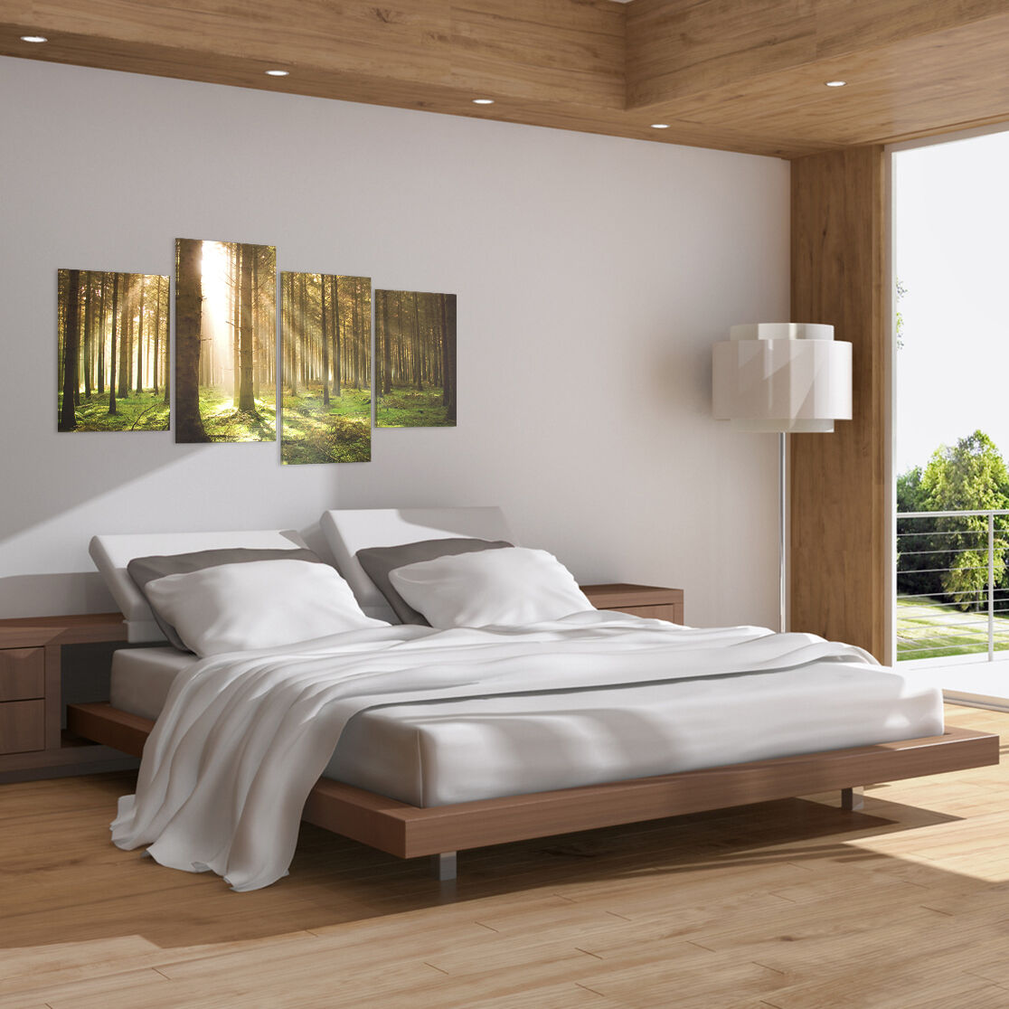 Sun Light Trees Forest 4 Piece Canvas Wall Art Home Decor Multi Panel Four