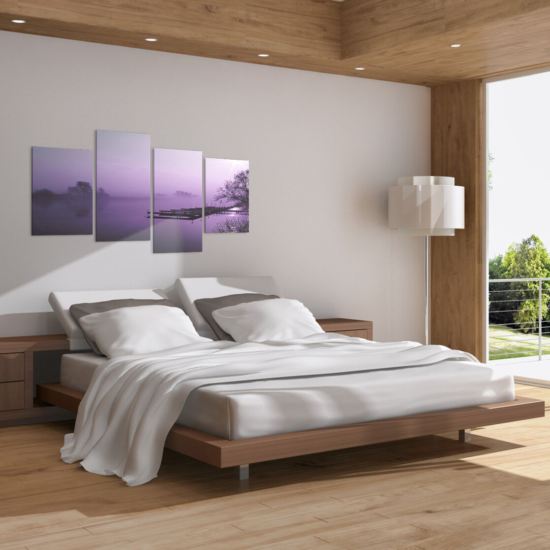 Lake Docks Purple Landscape 4 Piece Canvas Wall Art Home Decor Multi Panel Four